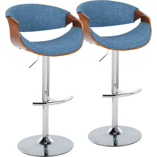 Curvo Adjustable Swivel Bar Stool in Chrome, Walnut Wood & Blue Fabric (Set of 2)